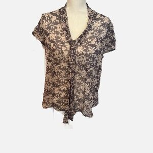 Cream and Brown Tie Front Blouse with Notched Collar